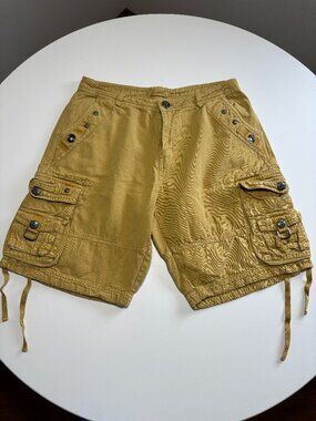 CHOUYATOU MUSTARD YELLOW COTTON UTILITY SHORTS
